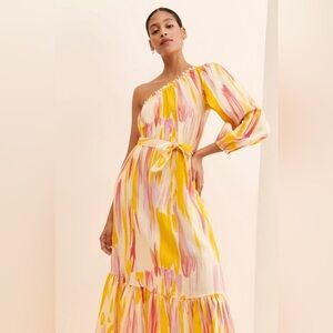 Little Lies Anthropologie 100% Linen Maxi Dress Watercolor Yellow M Medium
